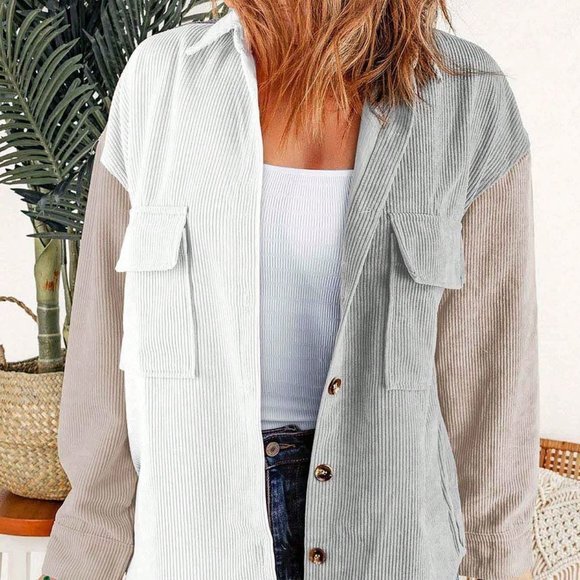 . Jackets & Blazers - Multicolor Boho Womens Colorblock Flap Pocket Drop Shoulder Corduroy Coat